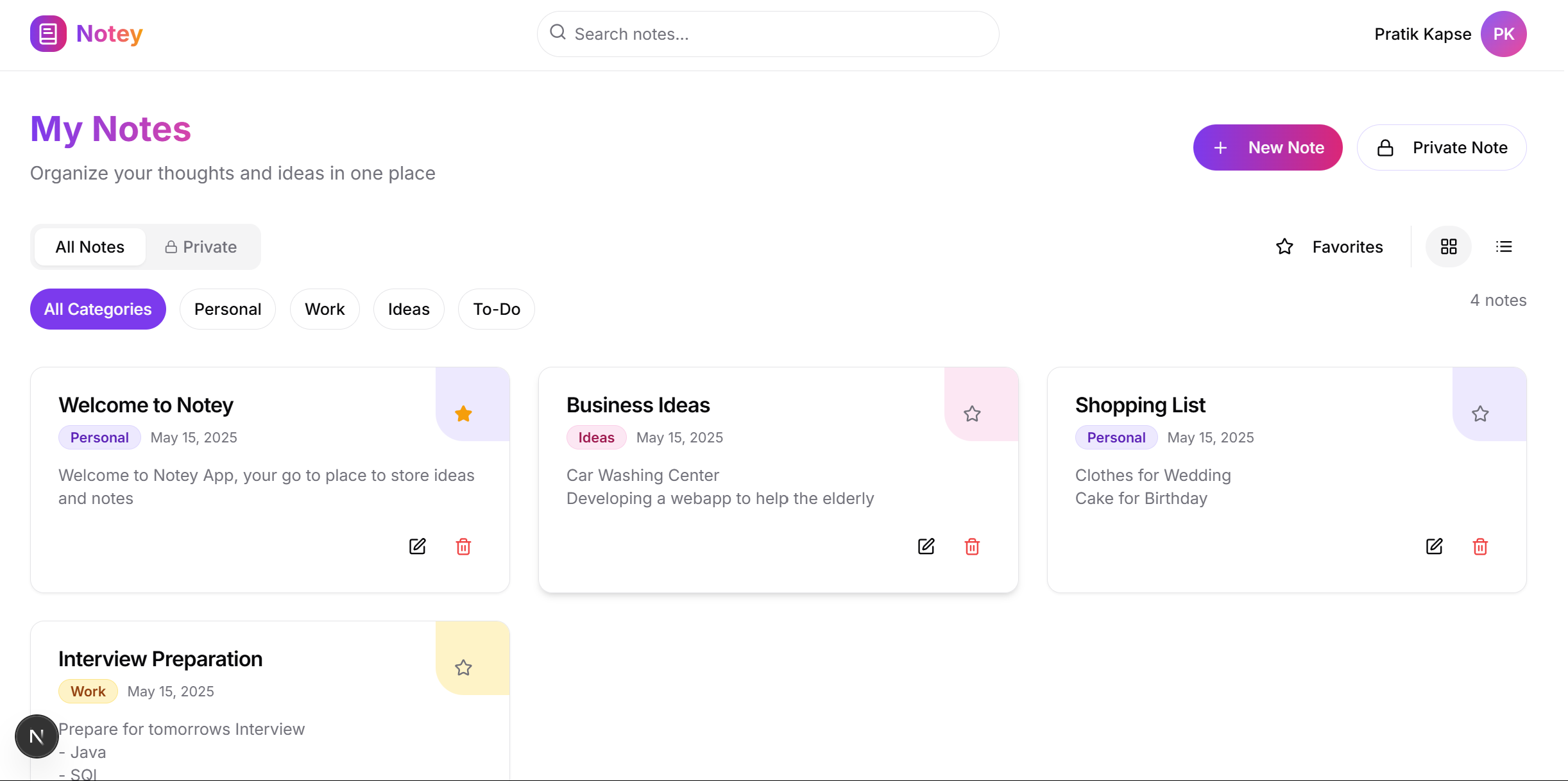 Notey dashboard preview